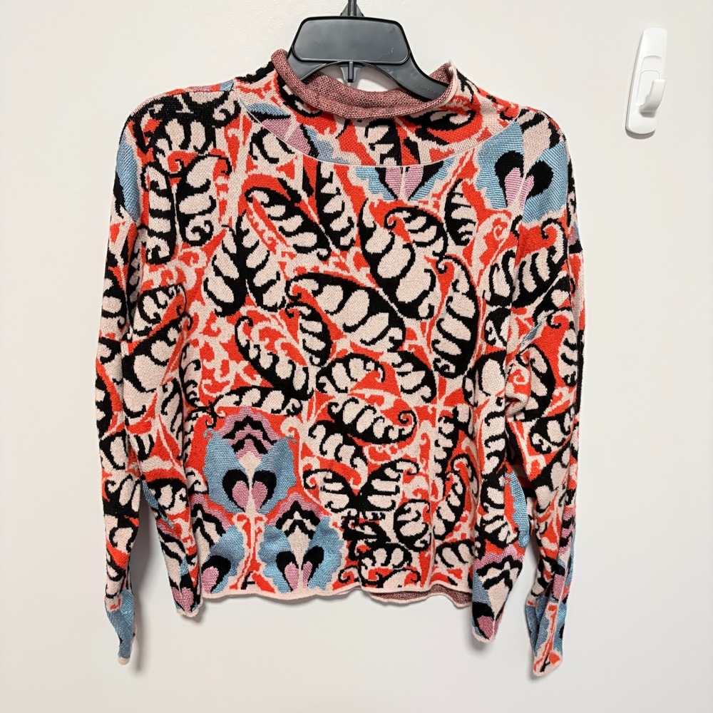 Maeve Anthropologie Paisley Knit Sweater Women Orange Small Long Sleeve
